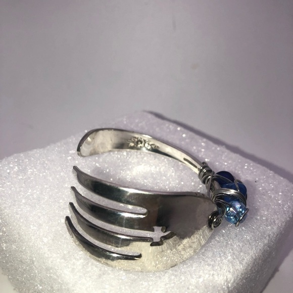 VTG Curved Fork Cutlery Bracelet w Wire Wrapped Glass Bead Accents 7” C & 2” D - Picture 3 of 10